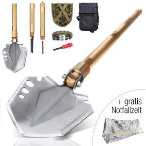 Pelle pliante Iceberk 12 fonctions + tente d'urgence + bracelet de survie