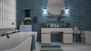 Salle de bain, avec du carrelage bleu